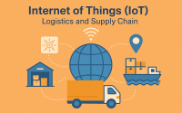 Infografis digital flat-style bertema IoT dalam logistik dan supply chain, menampilkan gudang pintar, truk pengiriman dengan GPS, kapal kargo dengan kontainer, serta globe terhubung dengan ikon sinyal internet.