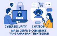 Ilustrasi cybersecurity dan Chatbot AI dalam e-commerce, menampilkan perlindungan data digital dan layanan pelanggan dengan teknologi AI.