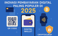 Infografis flat-style menampilkan inovasi pembayaran digital 2025, dengan smartphone berisi dompet digital, QR code, smartwatch contactless, ikon Bitcoin, dan simbol keamanan digital.
