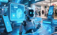 lustrasi robot AI membantu proses belanja online dengan tampilan layar e-commerce, ikon keranjang belanja, dan sistem rekomendasi produk.