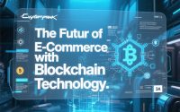 Ilustrasi futuristik keranjang belanja digital dengan jaringan blockchain bercahaya biru, mewakili masa depan e-commerce berbasis teknologi blockchain.