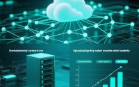 Infografis perbandingan cloud computing dengan server tradisional untuk bisnis online, menampilkan ikon awan hijau di sisi kiri dan server fisik di sisi kanan, dengan poin kelebihan dan kekurangan masing-masing.