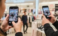 Ilustrasi seorang pria menggunakan AR untuk mencoba pakaian secara virtual dalam pengalaman belanja retail modern.