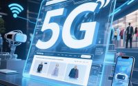 Ilustrasi digital modern menampilkan seseorang berbelanja online melalui smartphone dengan ikon 5G, AR/VR, dan keranjang belanja digital yang merepresentasikan pengalaman e-commerce masa depan.