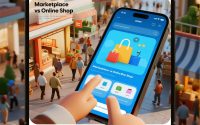 lustrasi perbandingan marketplace dengan online shop mandiri di 2025, menampilkan ikon belanja digital dan media sosial.