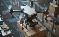 Ilustrasi drone logistik mengirim paket ke rumah pelanggan di kota modern.