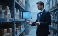 Ilustrasi smart warehouse dengan robot, sensor IoT, dan sistem digital otomatis.