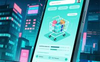 Ilustrasi konsumen era digital menggunakan smartphone untuk belanja online dan media sosial.