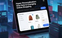 Ilustrasi hyper-personalization dalam belanja online dengan data AI, grafik, dan e-commerce.