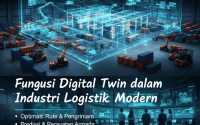 Ilustrasi digital twin dalam industri logistik dengan gudang virtual, truk, dan peta rantai pasok global.
