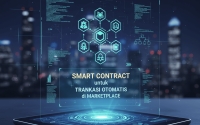Ilustrasi smart contract di marketplace dengan ikon blockchain, pembeli, dan penjual.
