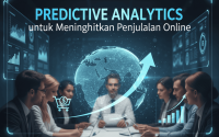 Ilustrasi predictive analytics untuk e-commerce, menampilkan grafik penjualan, data pelanggan, dan AI yang memprediksi tren.