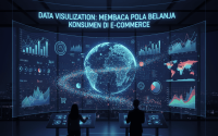 Ilustrasi data visualization e-commerce dengan grafik penjualan dan analisis konsumen.