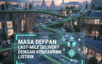 Ilustrasi kendaraan listrik melakukan pengiriman barang di kota modern dengan latar peta digital dan ikon energi hijau.
