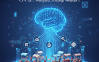 Ilustrasi marketplace digital dengan sistem AI menganalisis data penjualan dan rekomendasi produk.