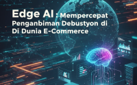 Ilustrasi jaringan Edge AI di dunia e-commerce dengan perangkat digital yang saling terhubung secara real-time.