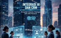 Ilustrasi AI dan sistem CRM yang terhubung dalam jaringan data pelanggan digital.