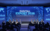 Peta Asia dengan koneksi digital antar negara menampilkan ekspor produk lokal Indonesia ke pasar regional.