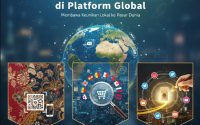 Produk lokal dengan kemasan modern tampil di etalase digital internasional, dikelilingi simbol globalisasi dan konektivitas.